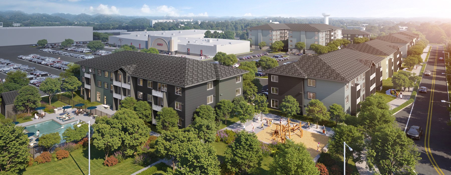 a high angle view of an apartment complex