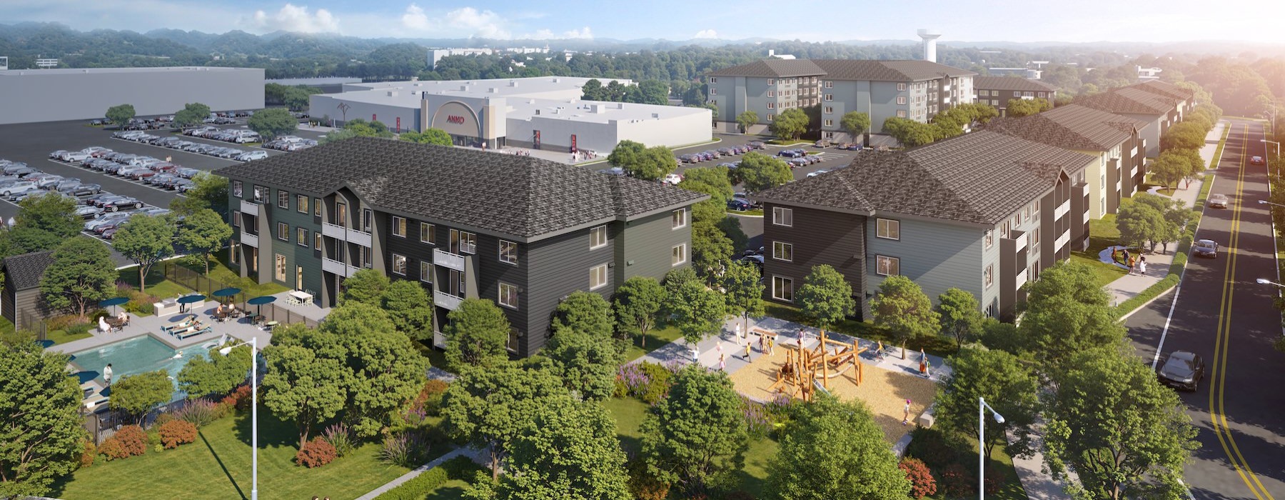 a high angle view of an apartment complex