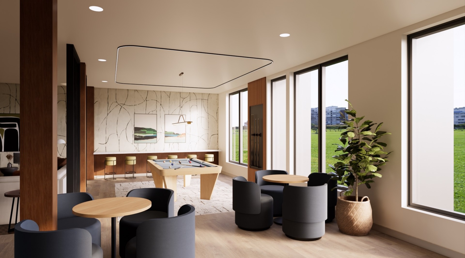 a clubroom with tables, chairs and a pool table