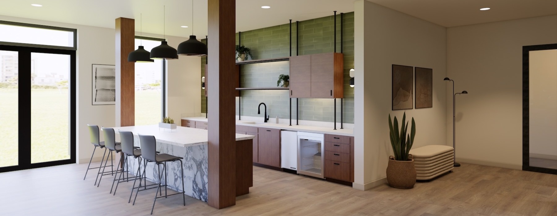 a kitchen with a dining table and chairs