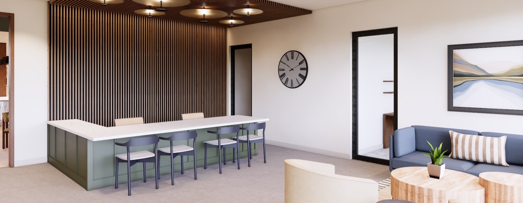 a room with tables, chairs and a couch